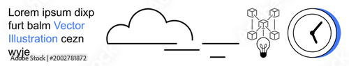 Technology, time tracking, cloud services, innovation, data sharing, digital solutions. A cloud, connected lightbulb and clock graphic. Cloud services and time management concept