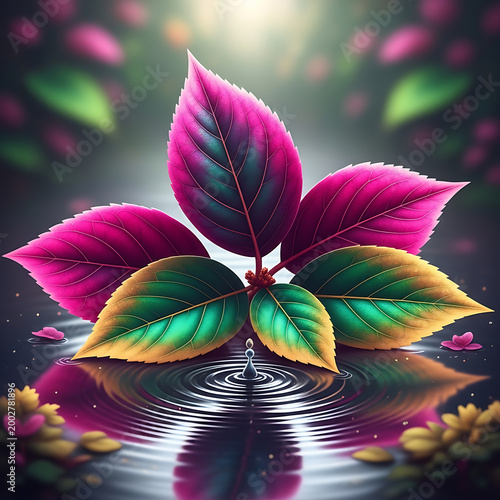 Vibrant Neon Leaves Floating on Rippling Water