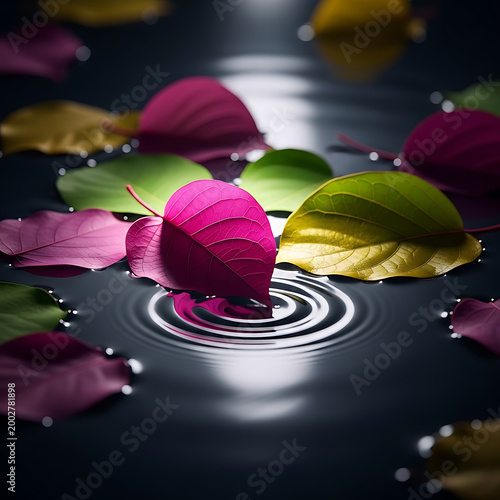 Vibrant Neon Leaves Floating on Rippling Water