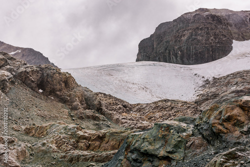 Rocky mountain terrain leading toward the massive white expanse of a subantarctic glacier.