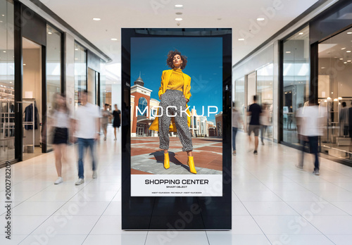 Vertical Billboard Mockup in Bright Shopping Center Interior