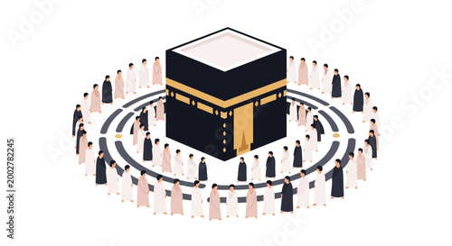 Isometric illustration depicting pilgrims circumambulating the Kaaba during the Hajj pilgrimage, set against a clean white background with a minimalist style and a focus on the spiritual