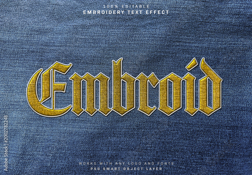 Realistic Colored Embroidery Text Effect on Denim Fabric Texture Mockup