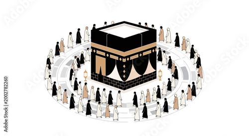 Isometric illustration depicting the Hajj pilgrimage with pilgrims circumambulating the Kaaba in Mecca, Saudi Arabia, rendered in a clean, minimalist style against a white background