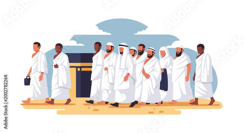 Pilgrims dressed in white ihram clothing walking together toward the Kaaba in Mecca for the hajj pilgrimage, depicted in a flat vector illustration against a clean white background