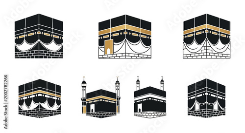 A vector illustration showcasing six different depictions of the Kaaba, each with a distinctive design, set against a clean white background, utilizing a minimalist style with black