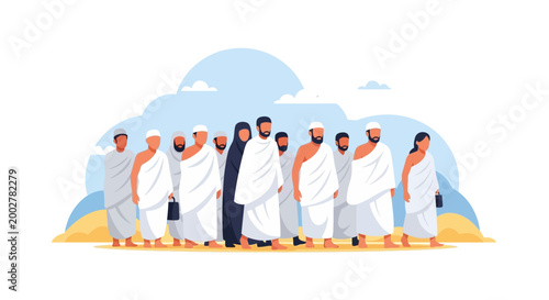 A group of Muslim pilgrims dressed in white robes walking together on a path in a flat illustration style, with a few individuals in dark clothing, set against a blue and white sky