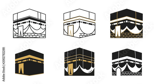 A set of six vector illustrations depicting the Kaaba, central to the Islamic hajj pilgrimage, rendered in minimalist style with varying line weights and color palettes against a clean