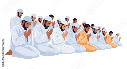 Illustration showing a group of Muslim men dressed in white robes and caps, kneeling in prayer, performing hajj rituals against a clean white background, in a flat lay style with soft
