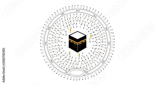 Overhead view of a symbolic representation of the Hajj pilgrimage route, featuring the Kaaba at the center and radiating paths, presented in a minimalist graphic style against a pristine