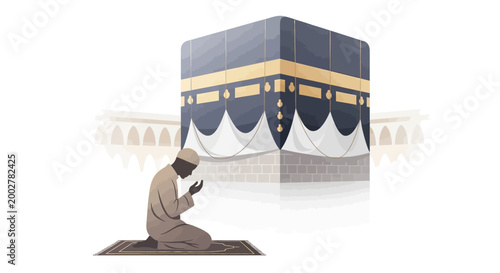 Illustration of a Muslim man kneeling in prayer on a mat before the Kaaba during the Hajj pilgrimage, rendered in a minimalist style with a clean white background and soft, muted tones