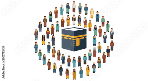 Flat vector illustration showing diverse pilgrims surrounding the Kaaba during the hajj pilgrimage, set against a clean white backdrop, conveying a sense of unity and devotion in a stylized