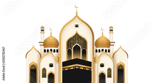 Detailed illustration of the Kaaba in Mecca, a central structure for the Islamic hajj pilgrimage, depicted in a minimalist architectural style with golden domes and a clean white