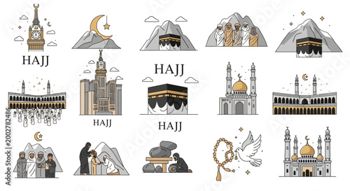 A collection of vector illustrations depicting various aspects of the Hajj pilgrimage, presented in a linear style with minimalist details against a clean white backdrop, evoking a serene