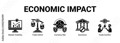 Economic Impact web banner icon concept, with Market Volatility, Trade Deficit, Currency War, Sanctions.
