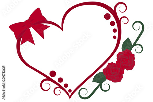 バラとリボンのハートフレーム トライバル調 上品なボルドーとモスグリーンの装飾／Elegant Heart Frame with Roses and Ribbon, Vivid Bordeaux Tribal Ornament
