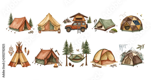 Watercolor Earthy Tone Camping Tent Clipart Set – A-Frame Bell Tent Rooftop 4WD Backpacking Geodesic Dome Teepee Wall Tent Hammock Beach Dome Winter Mountain Illustration Bundle, Rustic Outdoor 
