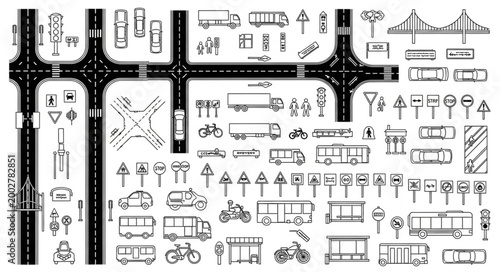 Collection of City Transportation and Road Elements Icons.