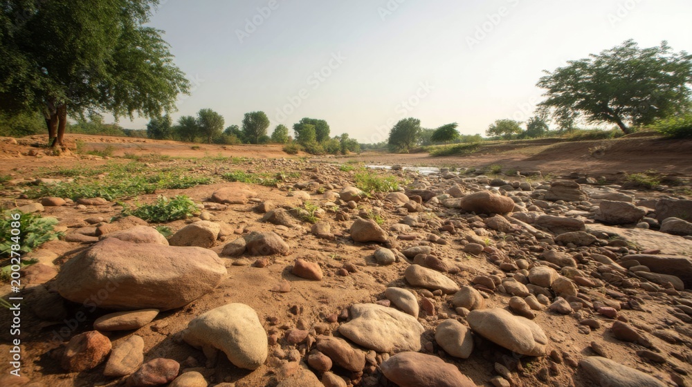 Fototapeta premium Serene Riverbank Landscape with Smooth Stones, Green Vegetation and Clear Sky in Tranquil Natural Setting Under Soft Morning Light