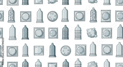 Seamless pattern displays various types of condom packages and individual prophylactic icons in a clean grey color scheme.