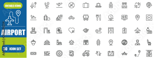 Airport Icons Set – Plane, Pilot, Air Hostess, Satellite & Departure Vector Collection | Editable Stroke
