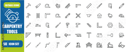 Carpentry Tool Icons Set – Toolbox, Safety Vest, Hammer, Screwdriver & Builder Vector Collection | Editable Stroke
