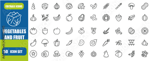 Vegetables & Fruit Icon Set – Vegetarian Symbols Collection with Editable Stroke Vector
