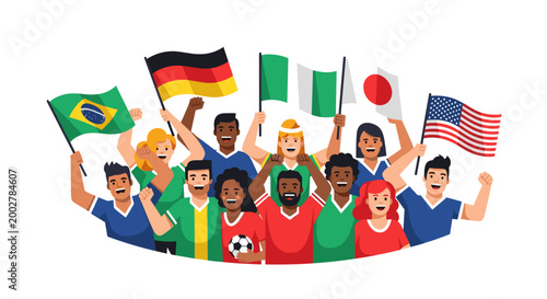 Diverse group of cheering sports fans with flags.