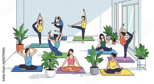 Group Yoga Practice In Bright Studio With Participants.