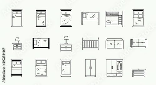 Collection of Architectural Floor Plan Symbols for Furniture and Fixtures.