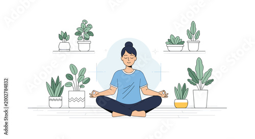 Calm Person Meditating In Lotus Pose Surrounded By Plants.