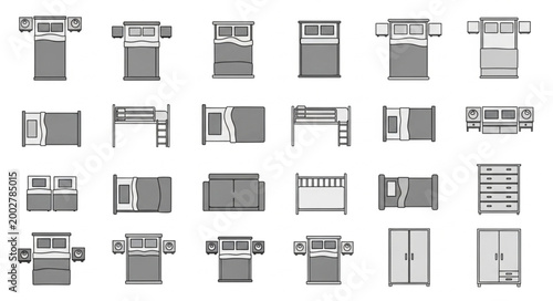 Collection of Various Bed Designs and Bedroom Furniture Top View.