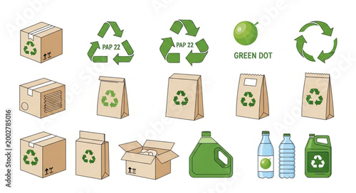 Recycling symbols and packaging for eco friendly waste management.