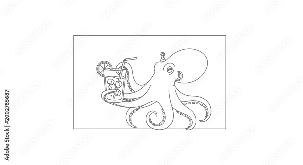 Fototapeta premium Cute Octopus Holding a Cocktail with Party Hat