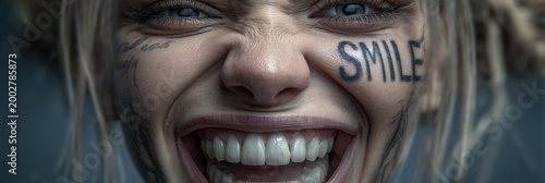 Surreal and Hyperrealistic Portrait of a Woman with an Exaggerated Smile and a Tattoo That Says Smile, a Striking Conceptual Image Blending Humor and Realism with Strong Visual Impact. Generative Ai.