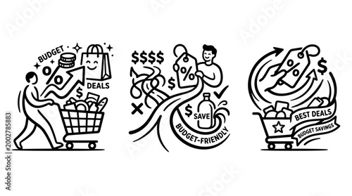 Budget-Friendly Shopping Deals and Savings Illustrated in Black and White.