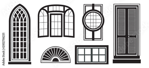 Window silhouettes line art vector set of six designs gothic arch fanlight circular shutter and rectangular paneled windows isolated clean monochrome style