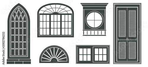 Window silhouettes line art vector set of six designs gothic arch fanlight circular shutter and rectangular paneled windows isolated clean monochrome style