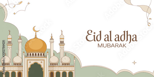 Elegant Eid Al Adha greeting with crescent moon mosque illustration and soft golden accents on a light background