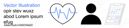 Healthcare, diagnostics, fitness tracking, medical records, wellness, data analysis. Heartbeat icon, person silhouette and medical chart. Healthcare and diagnostics concept