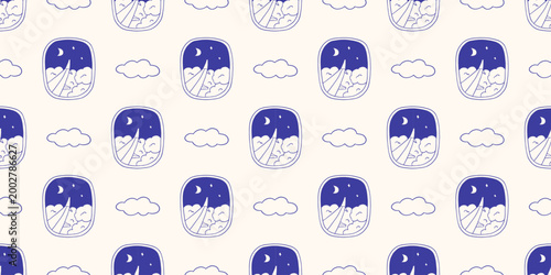 Vector blue hand drawn navy mediterranean seamless pattern with airplane window view of night sky, cloud on beige background. Calm monochrome travel print design for fabric, wrapping paper, wallpaper.
