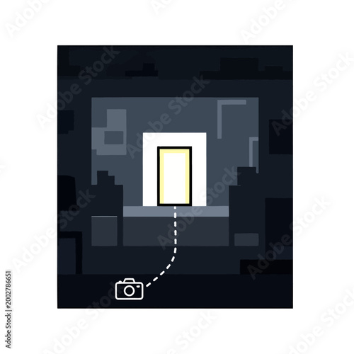 A simple digital illustration showing a camera icon pointing to a glowing doorway