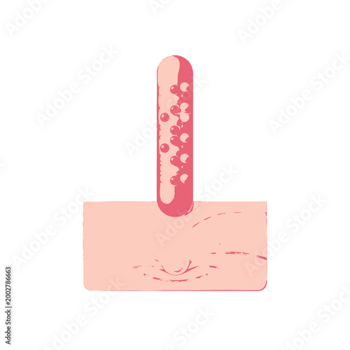 A minimalist illustration of a vertical pink shape above a horizontal rectangle
