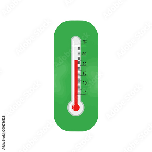 A green thermometer icon showing a high temperature reading on a white background
