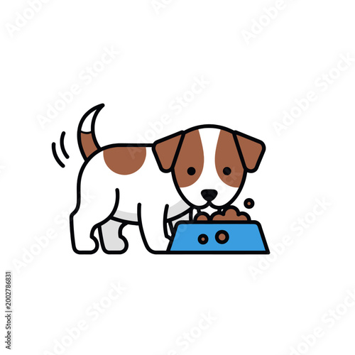 A cute cartoon puppy eating food from a blue bowl on a white background