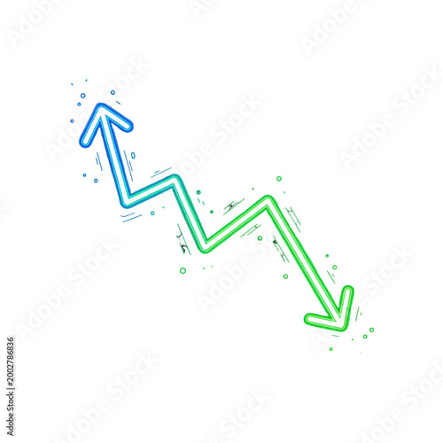 A vibrant neon arrow pointing in two opposite directions on a white background