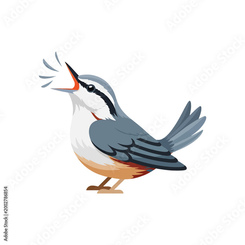 A small colorful bird singing loudly with its beak open in a simple illustration