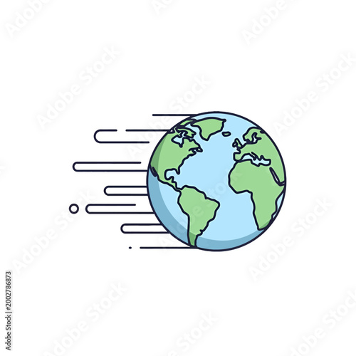 A stylized illustration of a planet moving quickly through space