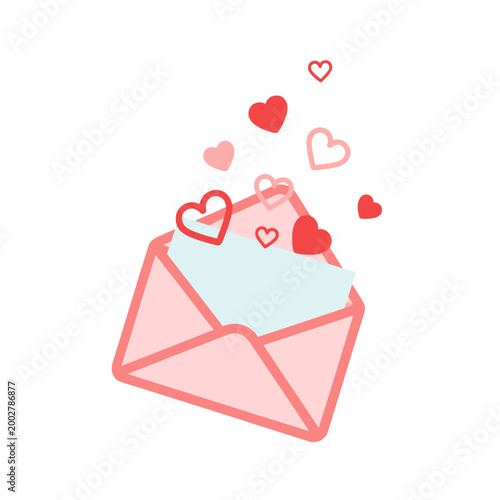 An open pink envelope with floating red and pink hearts on a white background