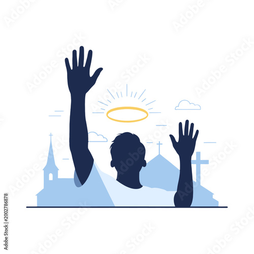 A silhouette of a person with hands raised and a glowing halo above their head